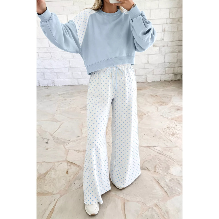 Polka Dot Cropped Sweatshirt and Wide-Leg Pants Set Apparel Accessories