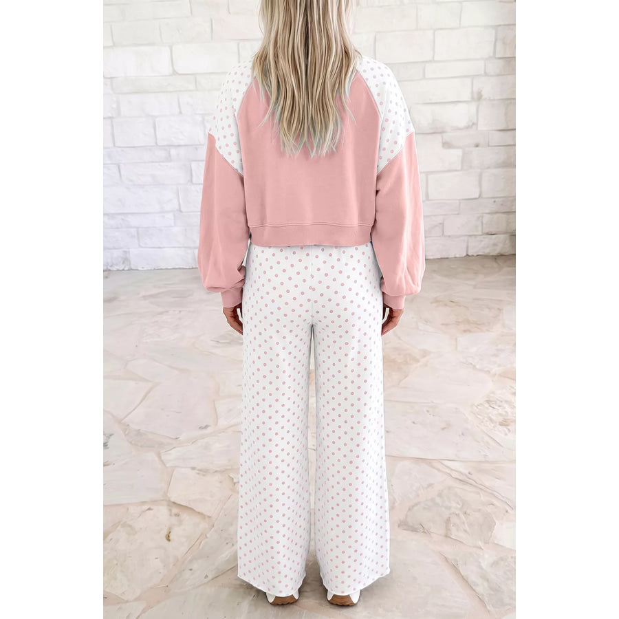 Polka Dot Cropped Sweatshirt and Wide-Leg Pants Set Apparel Accessories