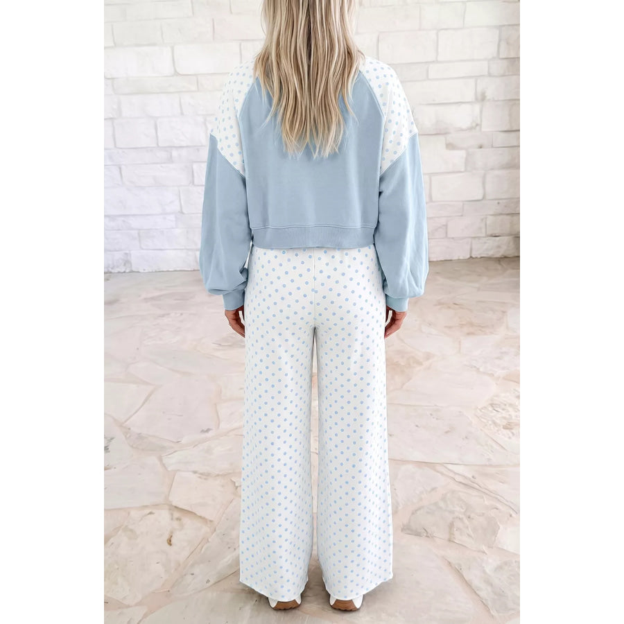 Polka Dot Cropped Sweatshirt and Wide-Leg Pants Set Apparel Accessories