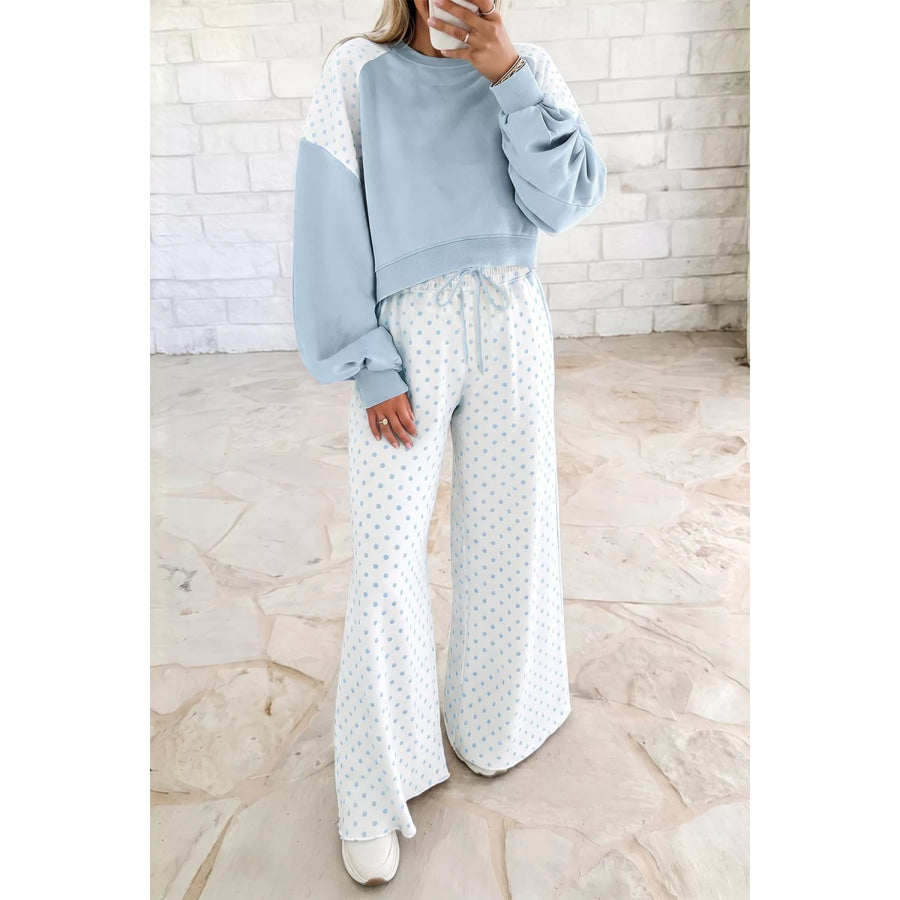 Polka Dot Cropped Sweatshirt and Wide-Leg Pants Set Light Blue / S Apparel Accessories