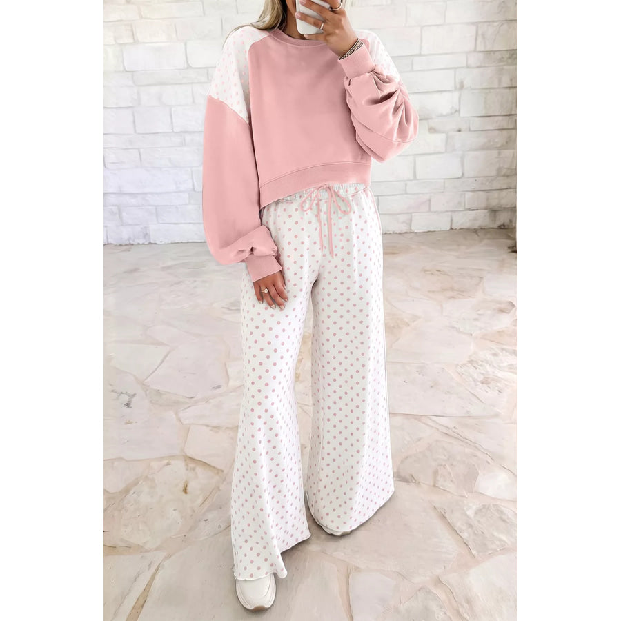 Polka Dot Cropped Sweatshirt and Wide-Leg Pants Set Pale Blush / S Apparel Accessories