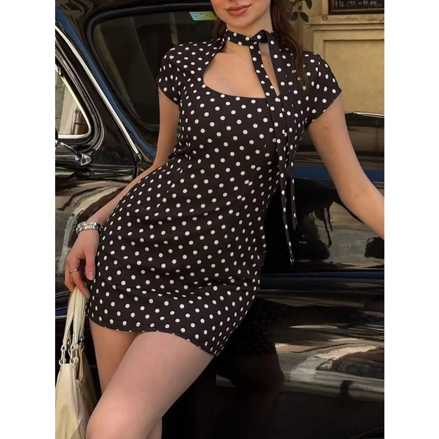 Polka Dot Cut-Out Front Mini Dress Brown / S Apparel and Accessories