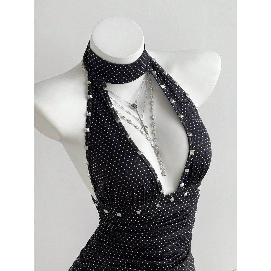 Polka Dot Cutout Front Halter Neck Dress Apparel and Accessories
