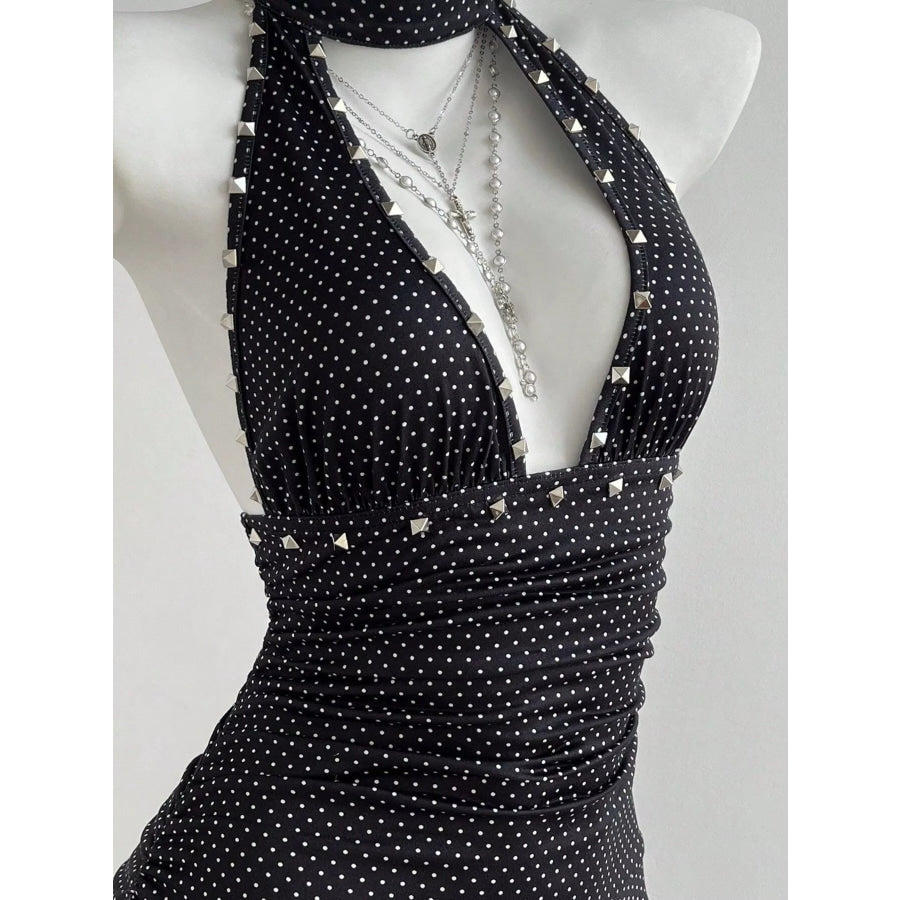 Polka Dot Cutout Front Halter Neck Dress Apparel and Accessories
