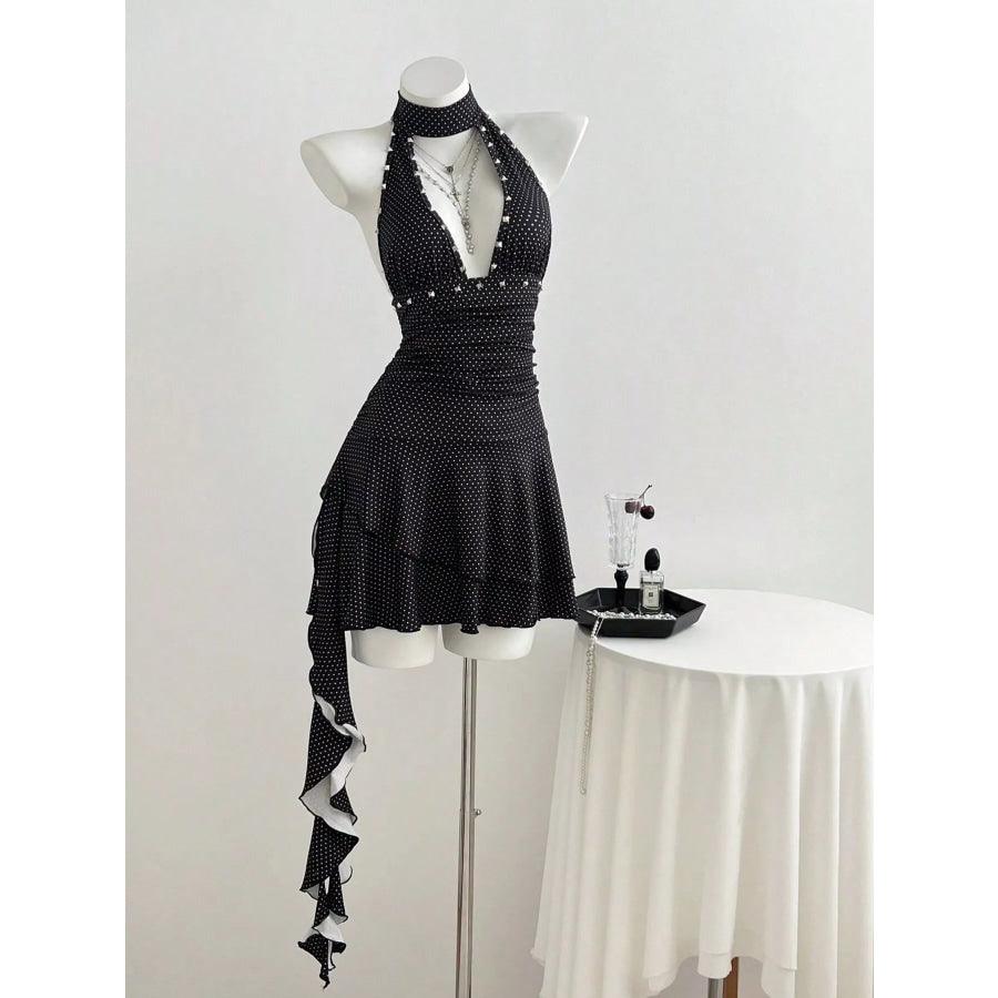 Polka Dot Cutout Front Halter Neck Dress Apparel and Accessories