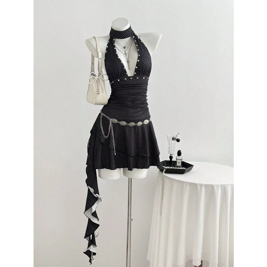 Polka Dot Cutout Front Halter Neck Dress Black / S Apparel and Accessories
