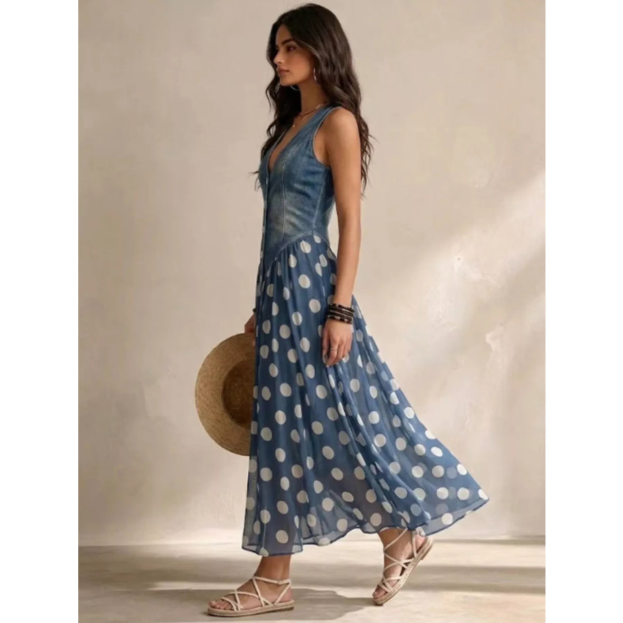 Polka Dot Denim Bodice Sleeveless Maxi Dress Apparel and Accessories