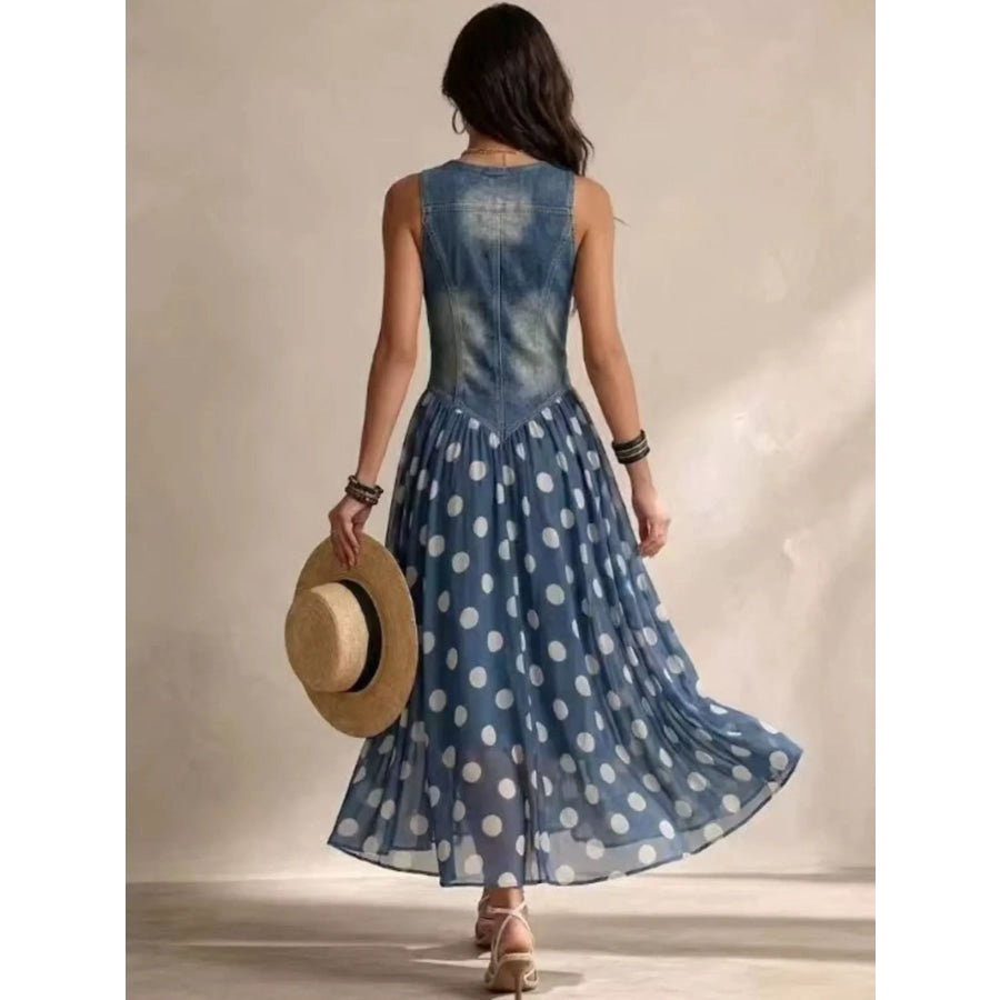 Polka Dot Denim Bodice Sleeveless Maxi Dress Apparel and Accessories