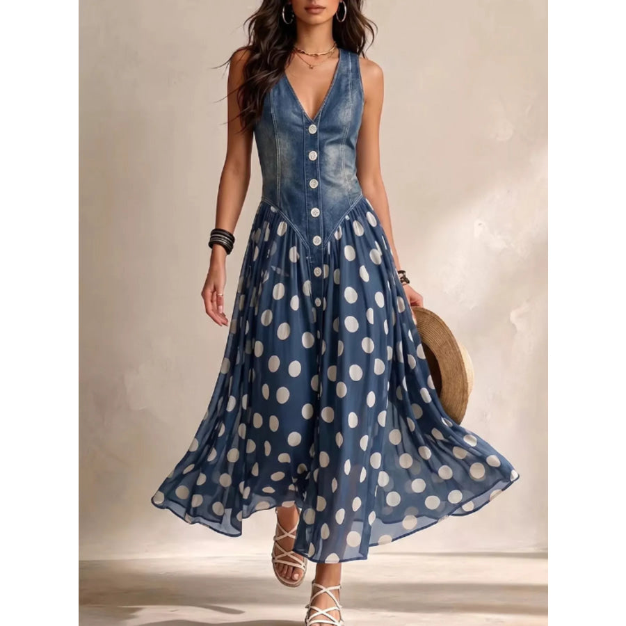 Polka Dot Denim Bodice Sleeveless Maxi Dress Medium / S Apparel and Accessories