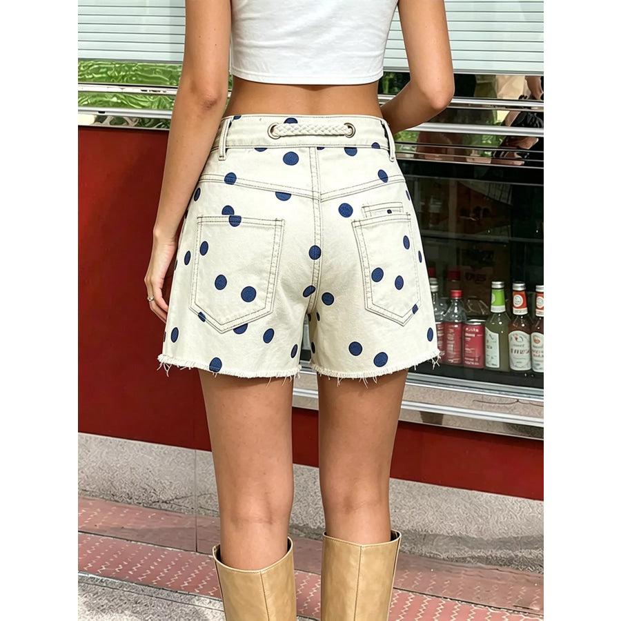 Polka Dot Denim Shorts with Braided Drawstring Apparel and Accessories