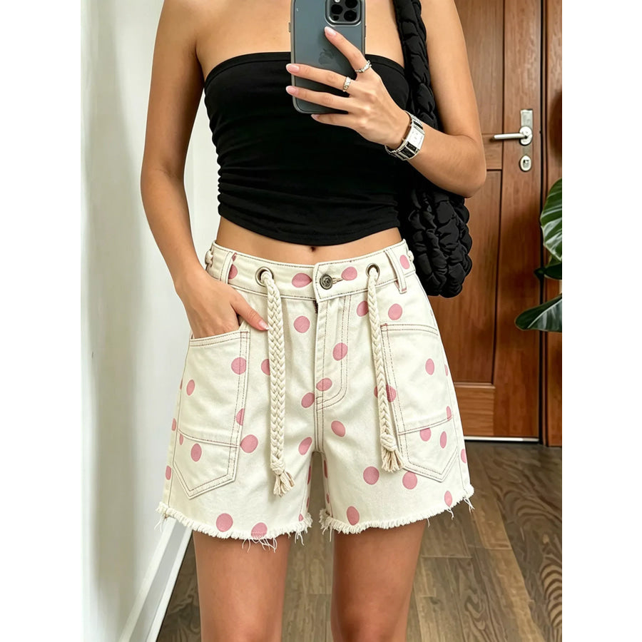 Polka Dot Denim Shorts with Braided Drawstring Dusty Pink / S Apparel and Accessories