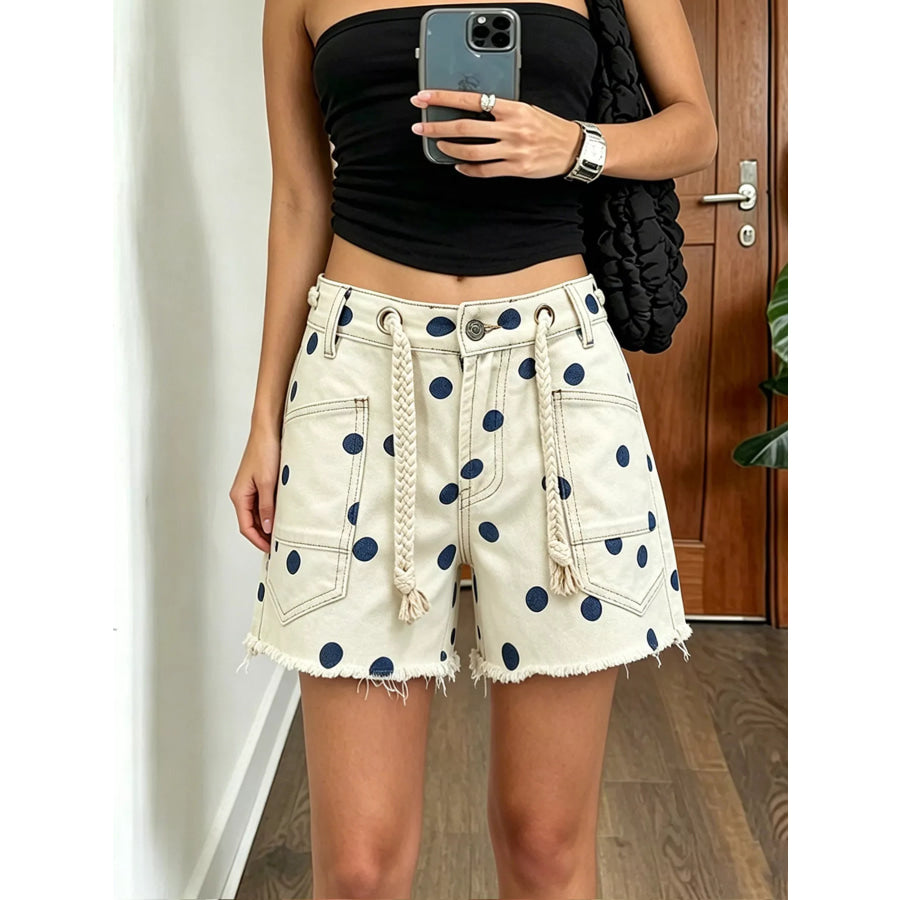 Polka Dot Denim Shorts with Braided Drawstring Peacock Blue / S Apparel and Accessories