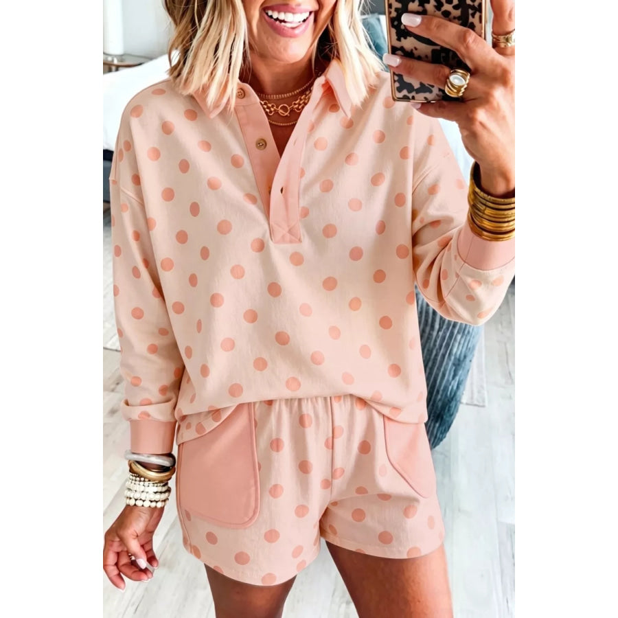 Polka Dot Drop Shoulder Polo Loose Pullover Patch Pocket Casual Shorts Set Apparel and Accessories