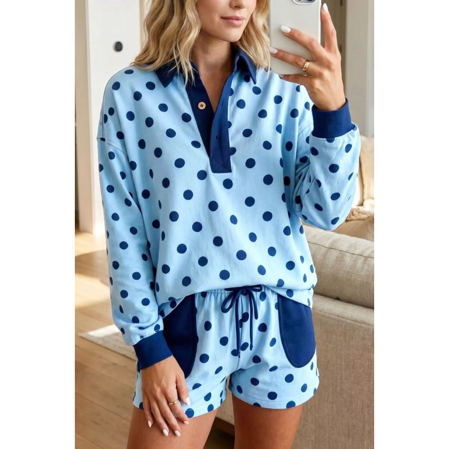 Polka Dot Drop Shoulder Polo Loose Pullover Patch Pocket Casual Shorts Set Apparel and Accessories