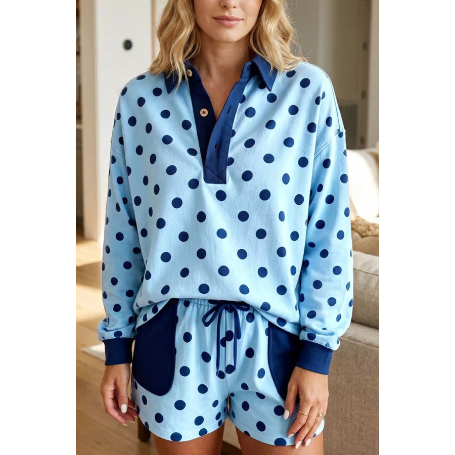 Polka Dot Drop Shoulder Polo Loose Pullover Patch Pocket Casual Shorts Set Apparel and Accessories