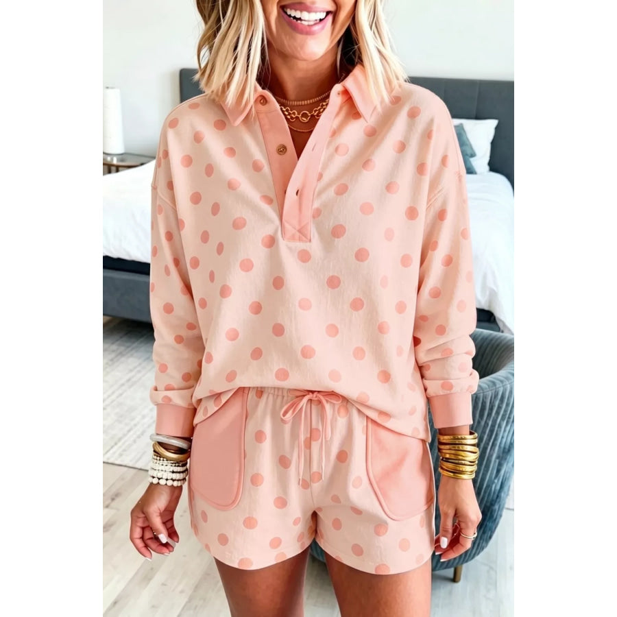 Polka Dot Drop Shoulder Polo Loose Pullover Patch Pocket Casual Shorts Set Watermelon pink / S Apparel and Accessories