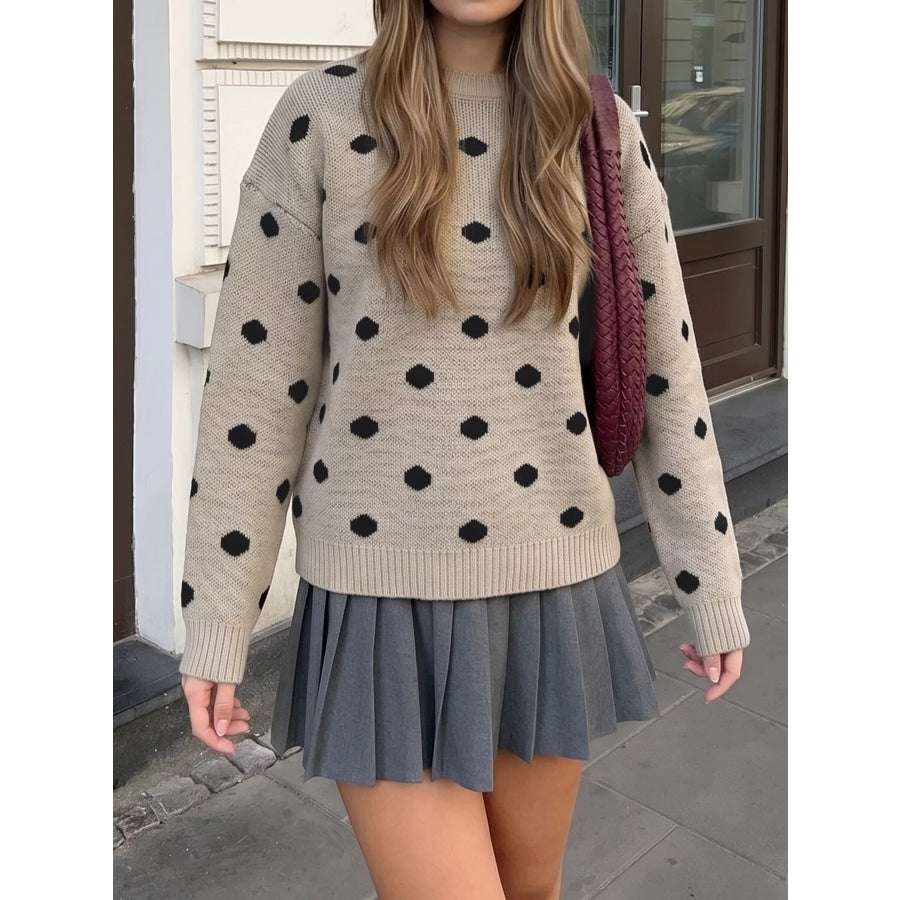 Polka Dot Dropped Shoulder Sweater Khaki / S Apparel and Accessories