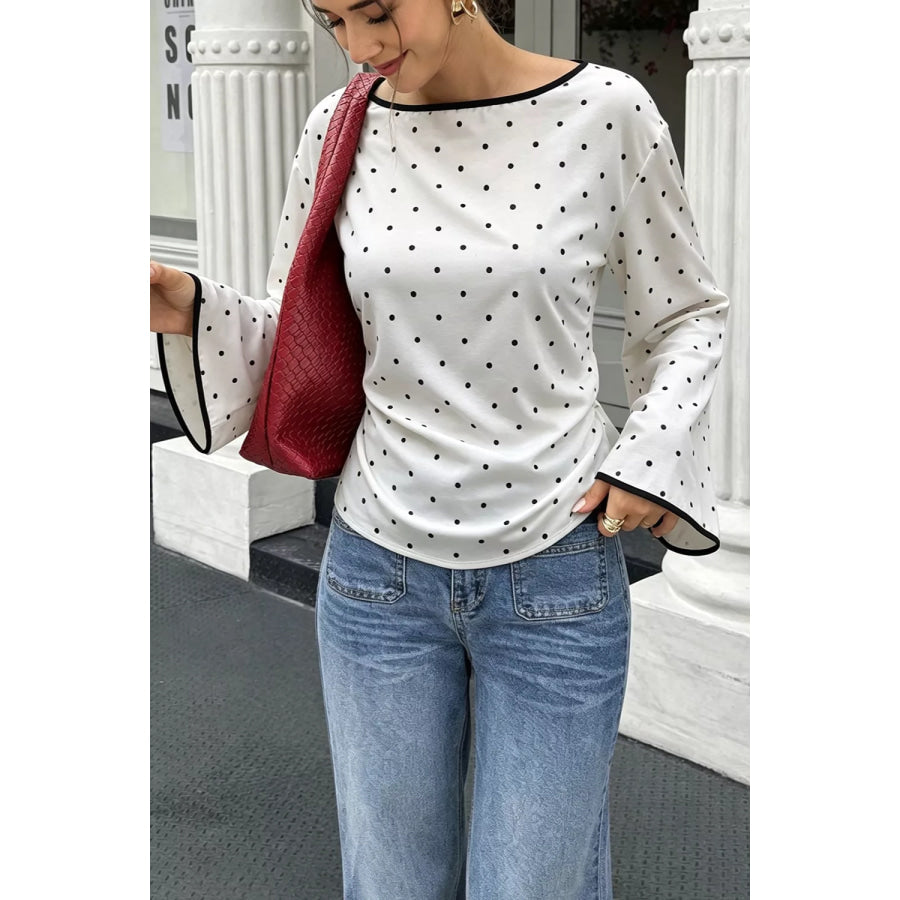 Polka Dot Flare Sleeve Blouse White / S Apparel and Accessories