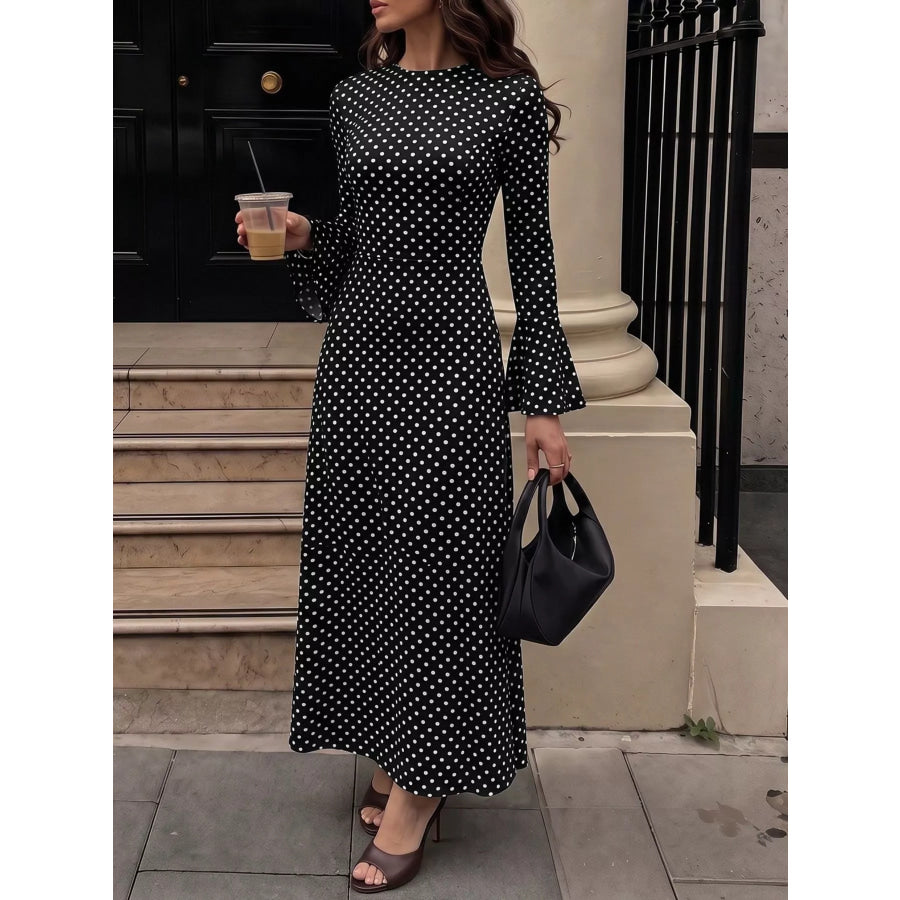 Polka Dot Flare Sleeve Maxi Dress Black / S Apparel and Accessories