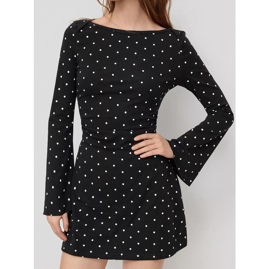 Polka Dot Flare Sleeve Mini Dress Black / S Apparel and Accessories