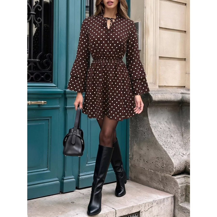 Polka Dot Flare Sleeve Tie Neck Dress Apparel and Accessories
