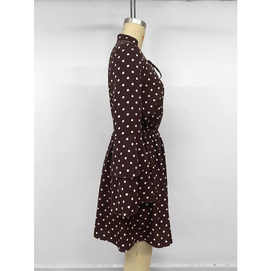 Polka Dot Flare Sleeve Tie Neck Dress Apparel and Accessories