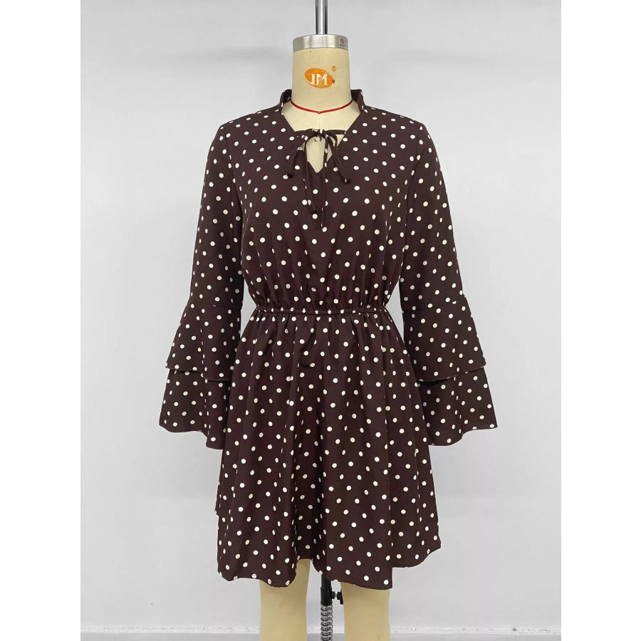 Polka Dot Flare Sleeve Tie Neck Dress Apparel and Accessories