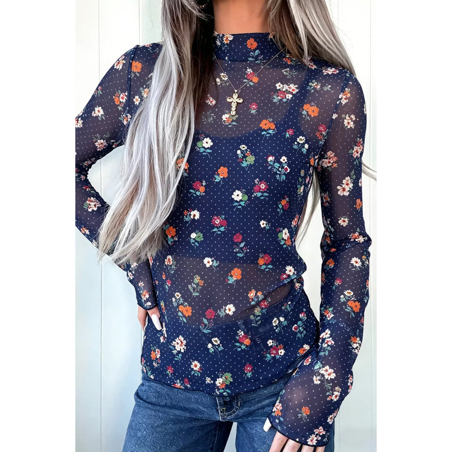 Polka Dot Floral Mesh Long Sleeve High Neck Pullover Sheath Top Apparel and Accessories