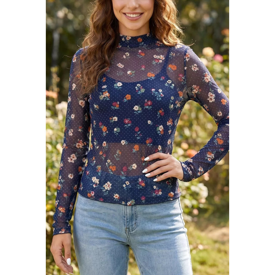 Polka Dot Floral Mesh Long Sleeve High Neck Pullover Sheath Top Apparel and Accessories