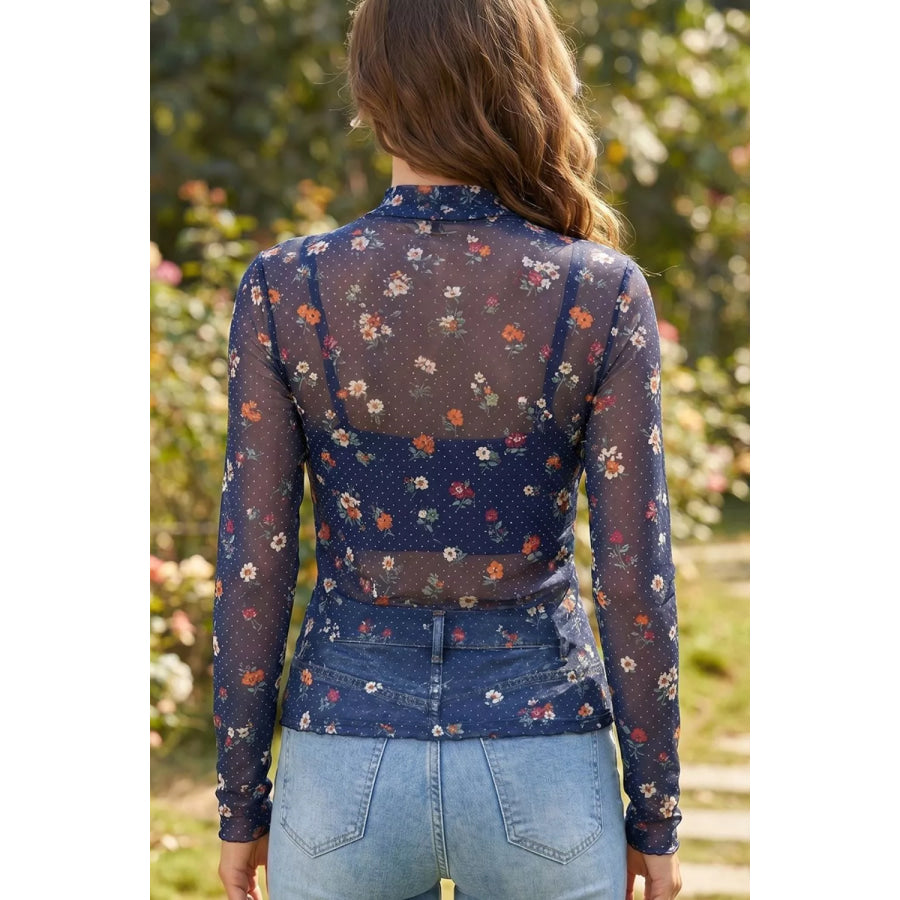 Polka Dot Floral Mesh Long Sleeve High Neck Pullover Sheath Top Apparel and Accessories