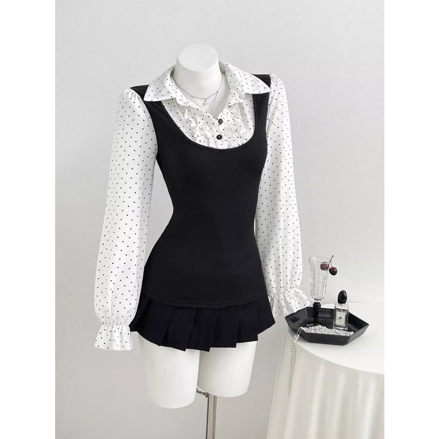 Polka Dot Flounce Sleeve Layered Look Blouse Apparel and Accessories