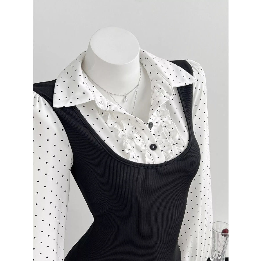Polka Dot Flounce Sleeve Layered Look Blouse Apparel and Accessories