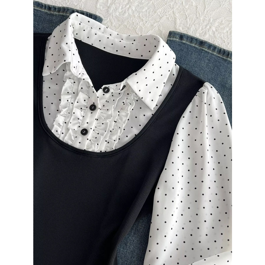 Polka Dot Flounce Sleeve Layered Look Blouse Apparel and Accessories