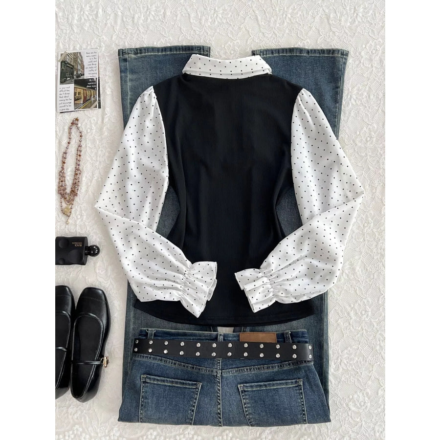 Polka Dot Flounce Sleeve Layered Look Blouse Apparel and Accessories