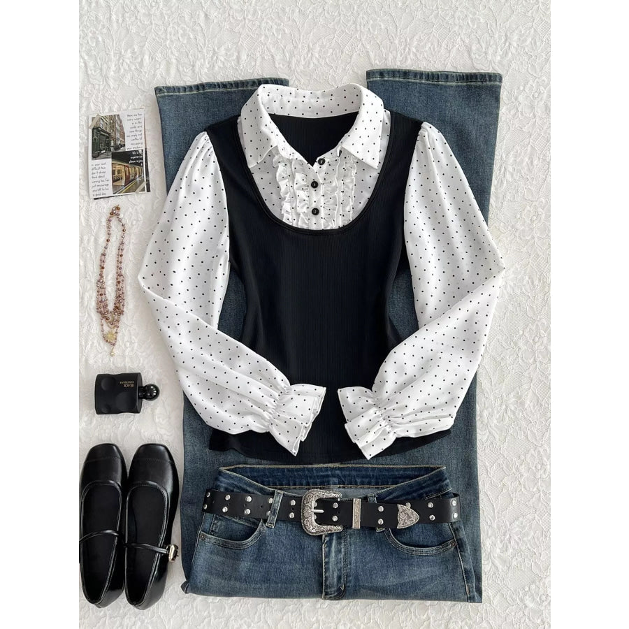 Polka Dot Flounce Sleeve Layered Look Blouse Black / S Apparel and Accessories