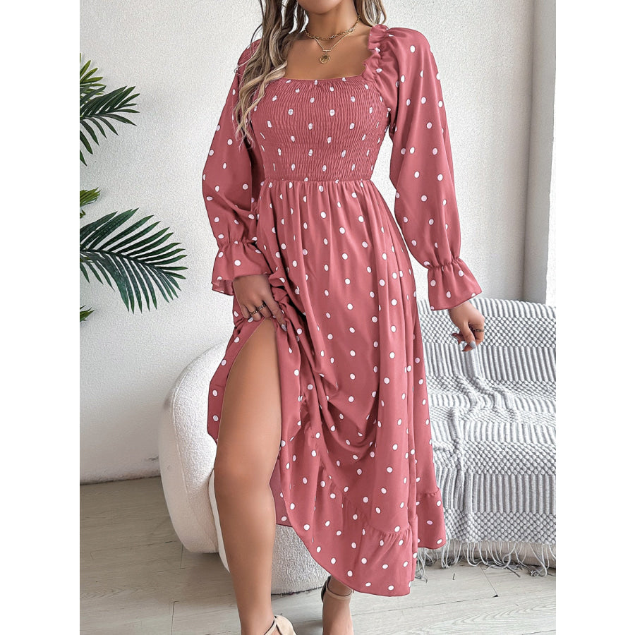 Polka Dot Flounce Sleeve Midi Dress Dusty Pink / S Apparel and Accessories