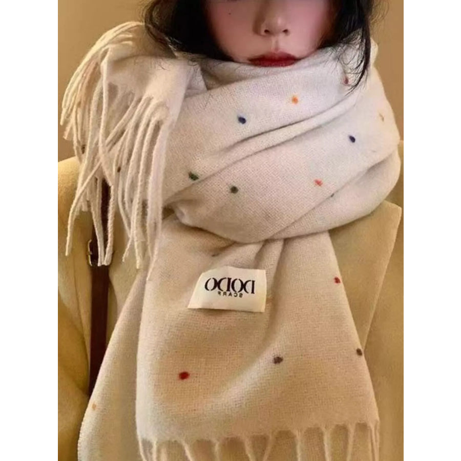Polka Dot Fringe Scarf Beige / One Size Apparel and Accessories