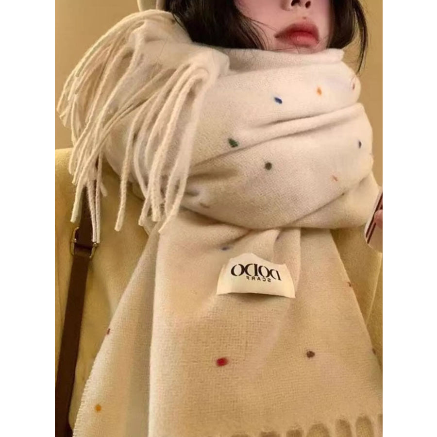 Polka Dot Fringe Scarf Beige / One Size Apparel and Accessories
