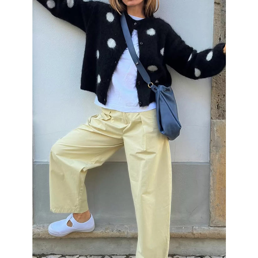 Polka Dot Fuzzy Knit Button-Up Cardigan Apparel and Accessories