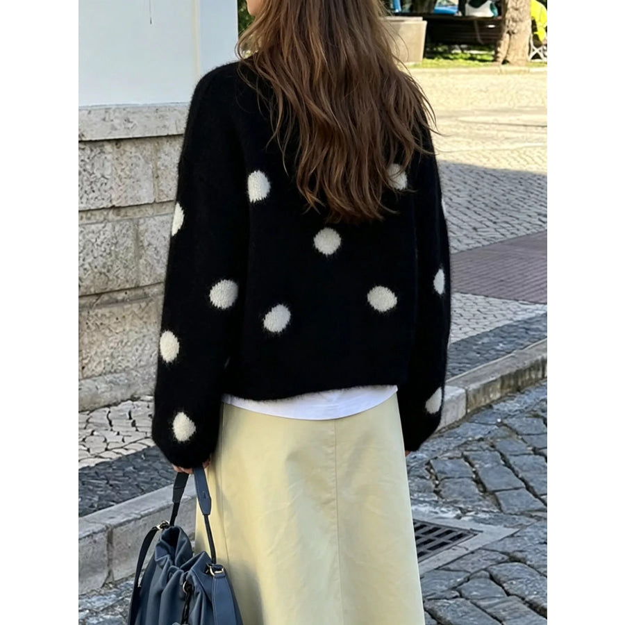 Polka Dot Fuzzy Knit Button-Up Cardigan Apparel and Accessories