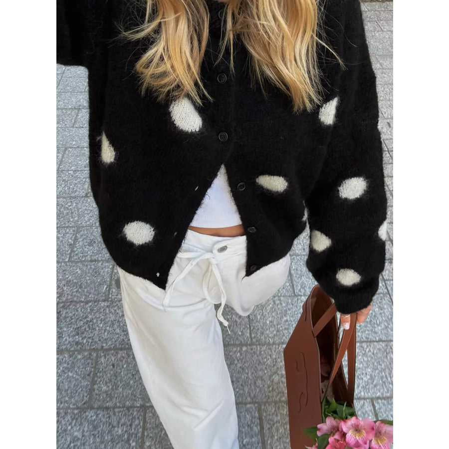 Polka Dot Fuzzy Knit Button-Up Cardigan Apparel and Accessories
