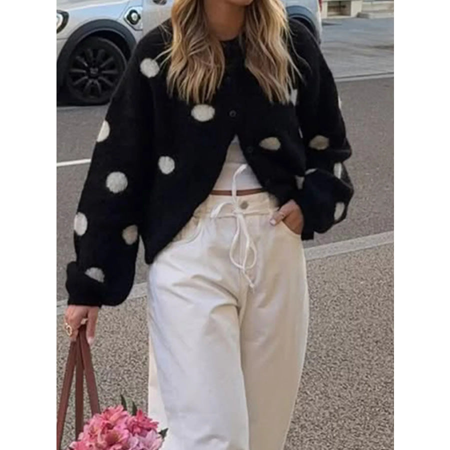 Polka Dot Fuzzy Knit Button-Up Cardigan Apparel and Accessories