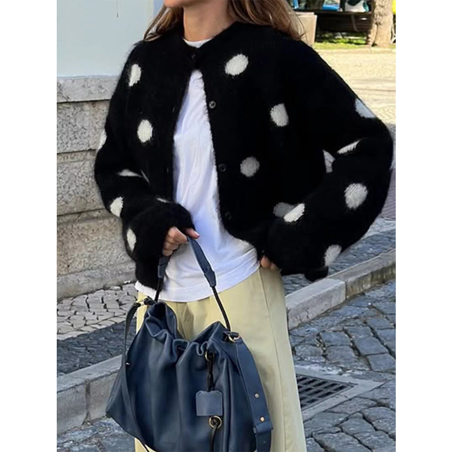 Polka Dot Fuzzy Knit Button-Up Cardigan Black / S Apparel and Accessories