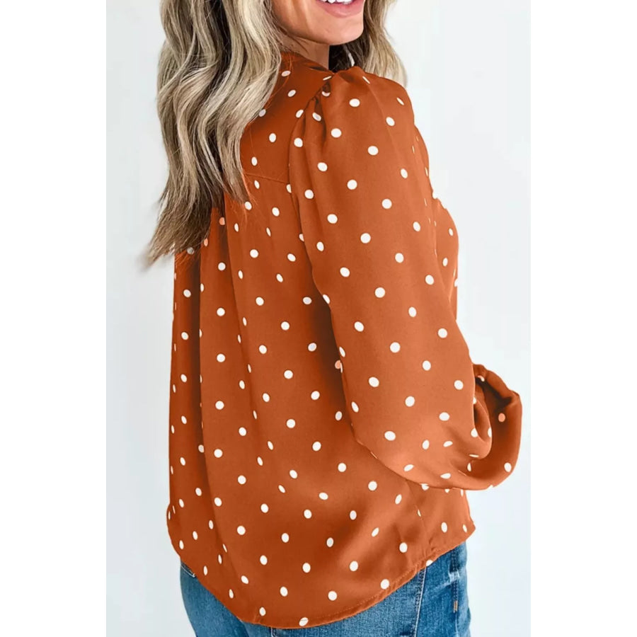 Polka Dot Half Button V Neck Long Sleeve Blouse Apparel and Accessories