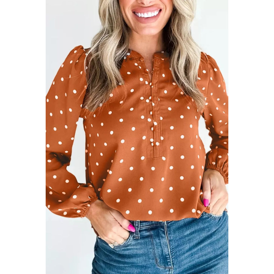 Polka Dot Half Button V Neck Long Sleeve Blouse Apparel and Accessories