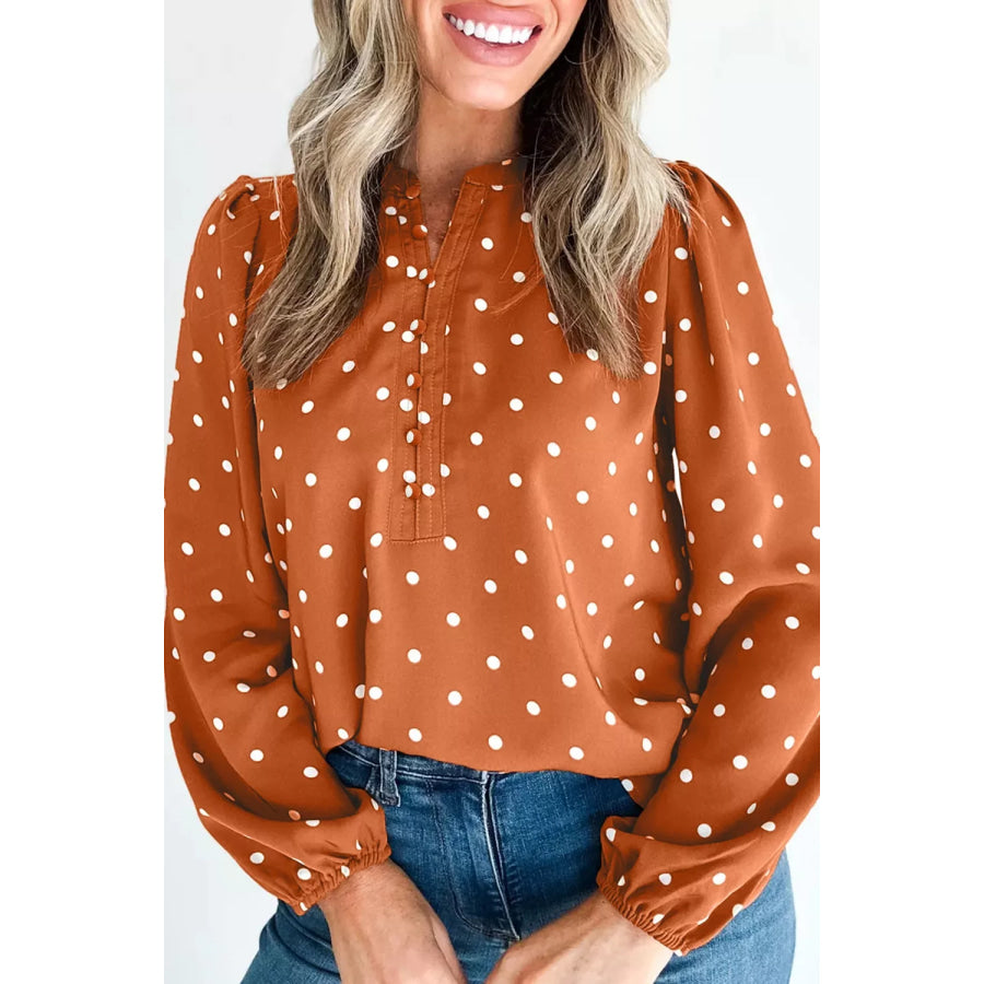 Polka Dot Half Button V Neck Long Sleeve Blouse Apparel and Accessories