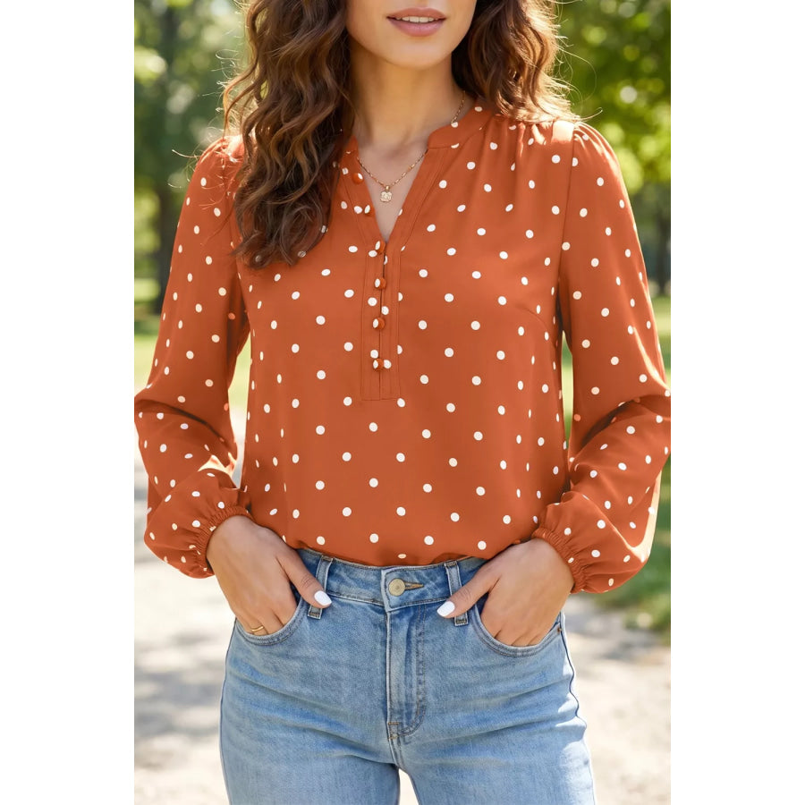 Polka Dot Half Button V Neck Long Sleeve Blouse Ochre / S Apparel and Accessories