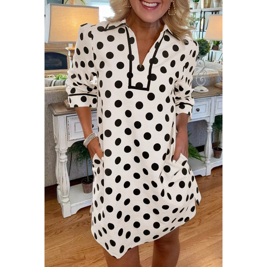 Polka Dot Half Sleeve Collar V Neck Pocketed Casual Mini Dress White / S Apparel and Accessories