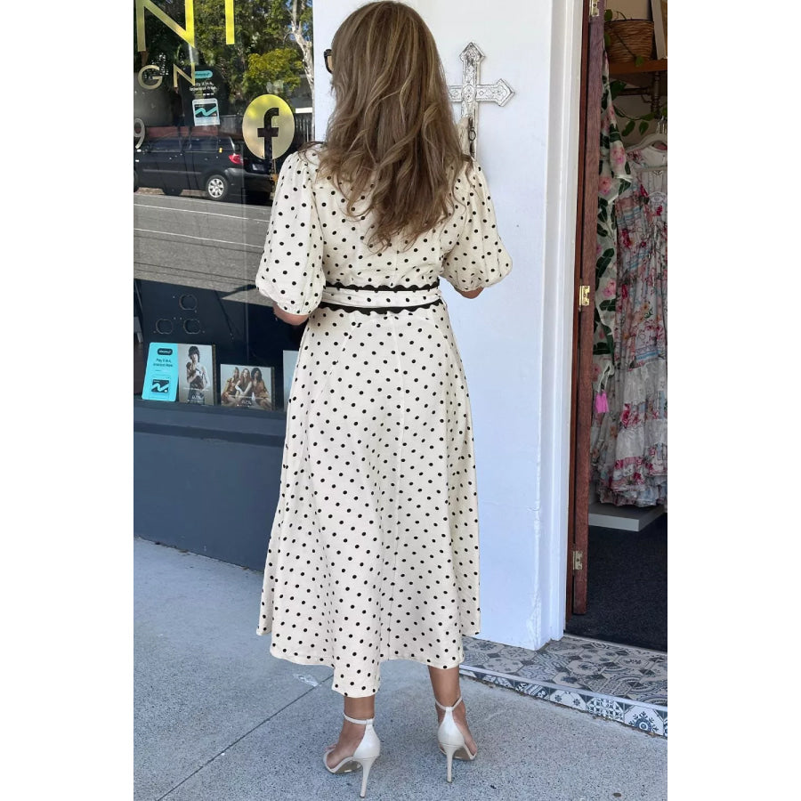 Polka Dot Half Sleeve Midi Dress Beige / S Apparel and Accessories
