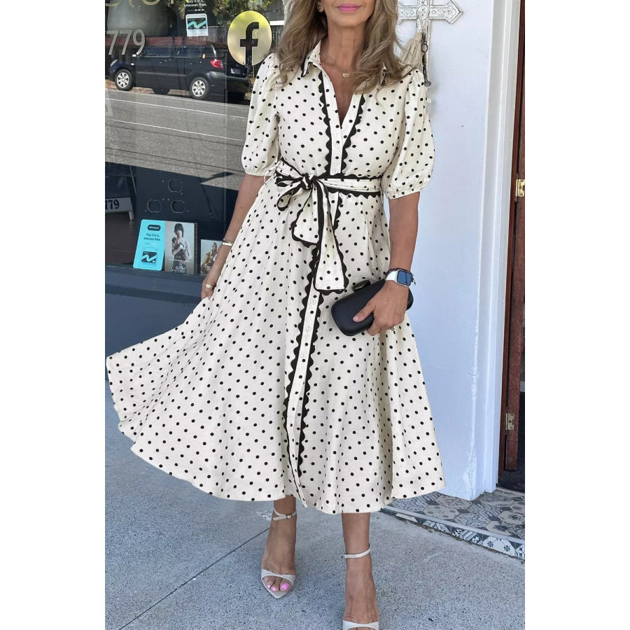 Polka Dot Half Sleeve Midi Dress Apparel and Accessories